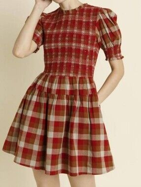 Aureum Sienna Mini Dress Check Plaid Smocked Ruffle Sz L Red Brown Puff Sleeves